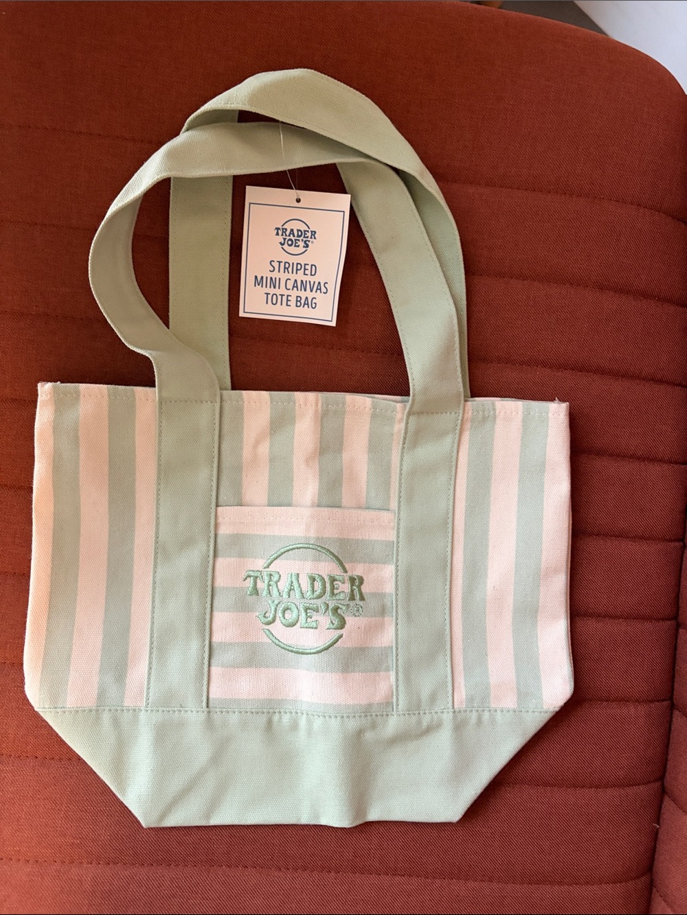 Trader Joes Mint & White Striped Canvas Tote Bag